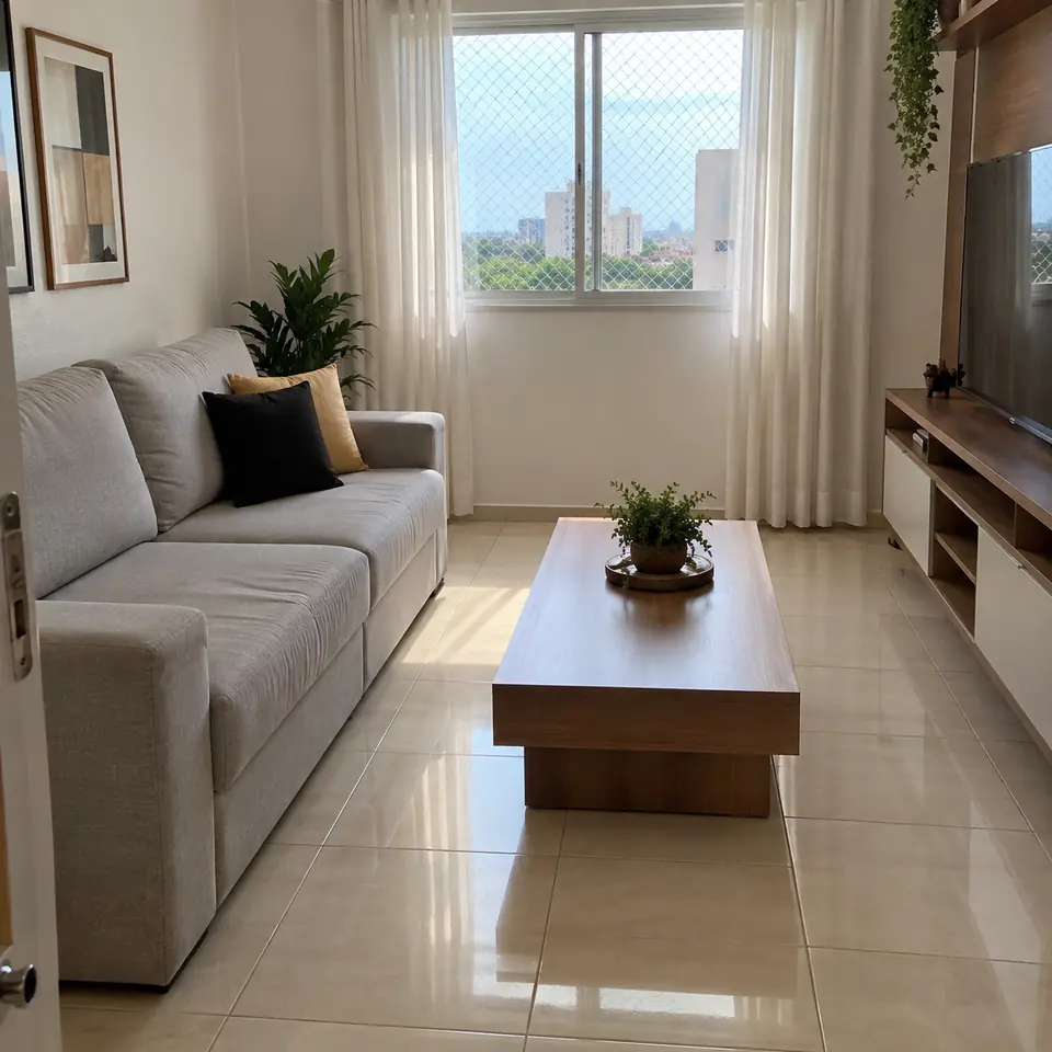 Sala arrumada com sofá cinza e chão limpo