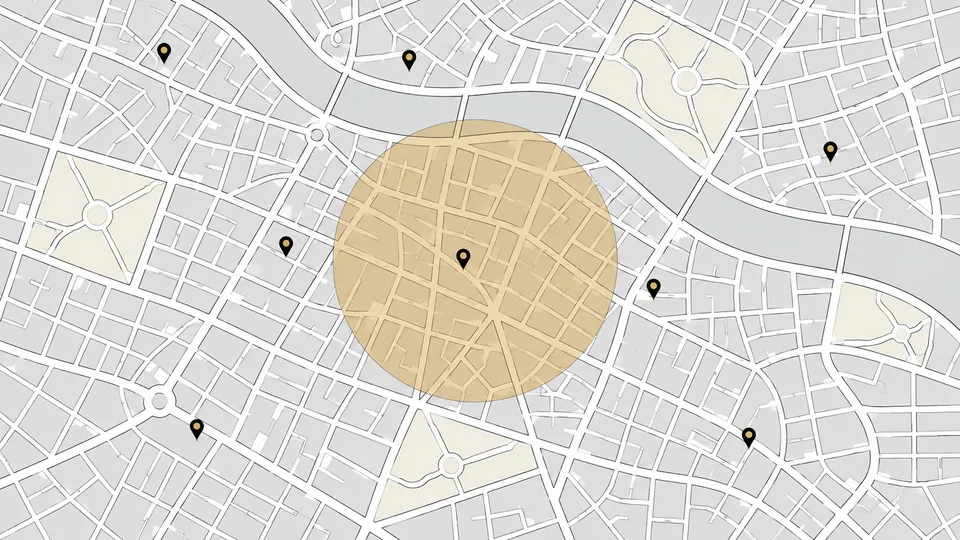 Mapa de bairros com um círculo dourado marcando a área atendida