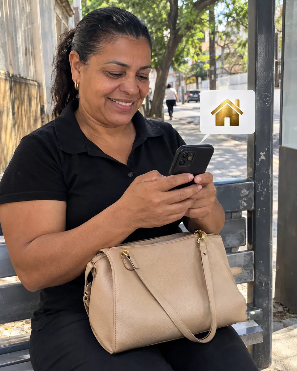 Diarista de camiseta preta sorrindo e olhando o celular